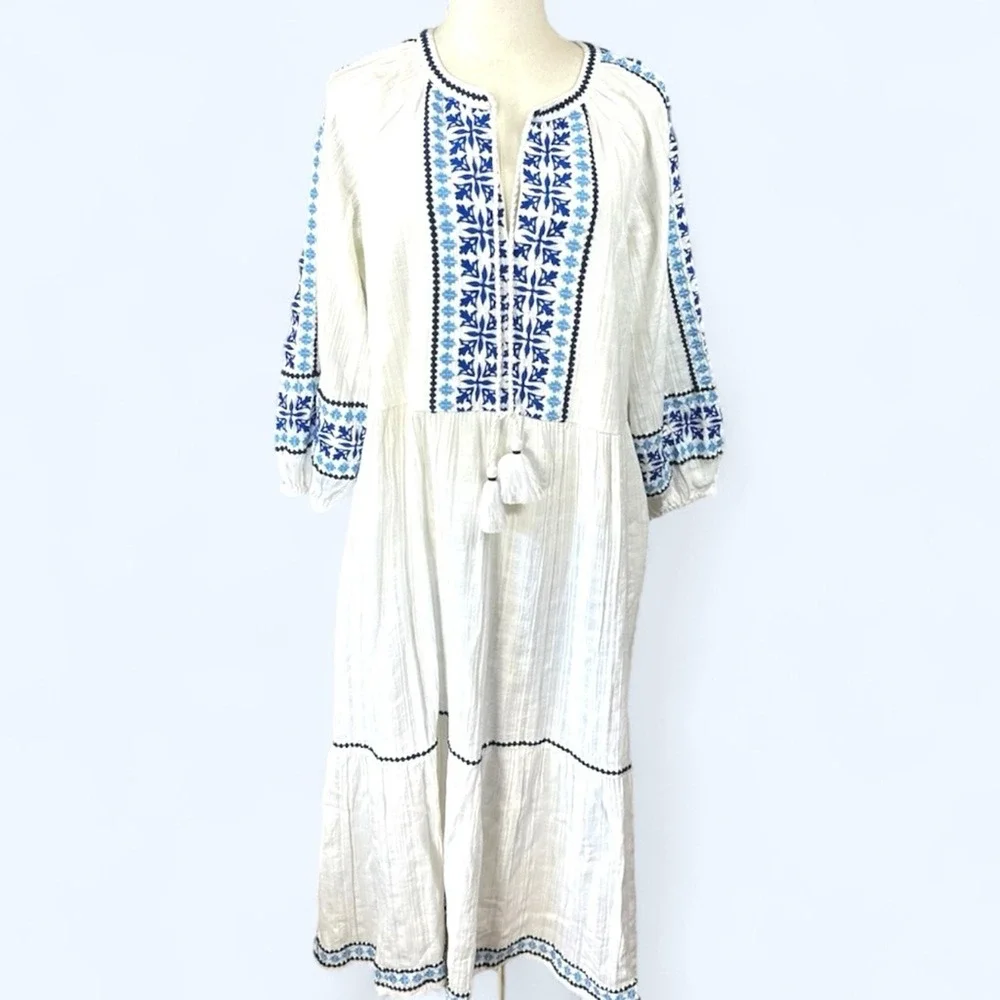 Tommy Bahama NWT Size LGE  Mykonos White &‎ Blue Embroidered  tiered midi Dress - Picture 6 of 16